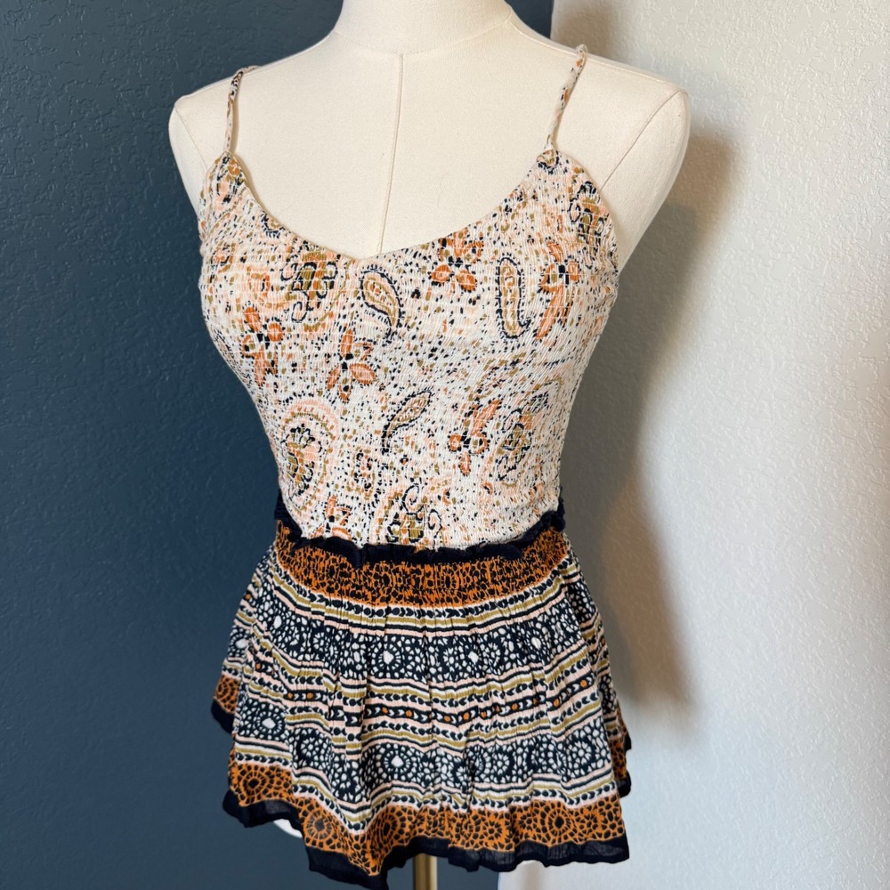 Boho Indie Paisley Patrons of Peace‎ Smocked Peplum Cami Ivory XS